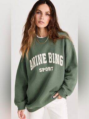 Anine Bing Sport Tyler Sweatshirt Sage Green Logo Oversized Fleece Size M